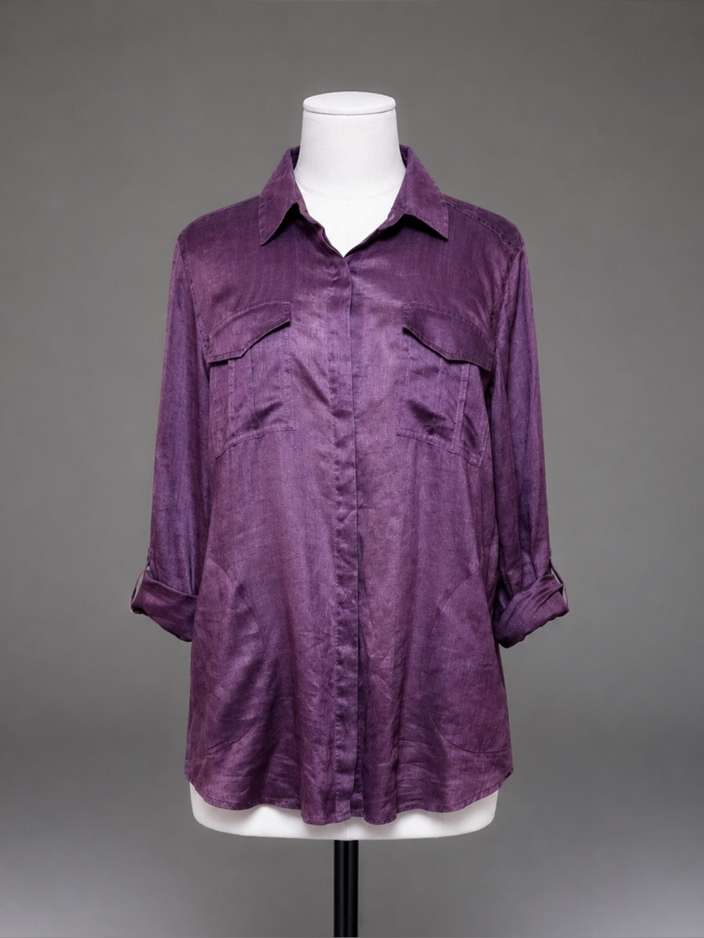 J Jill Womens Purple Button Front Shirt 100% Ramie Roll Tab Sleeve M Pockets